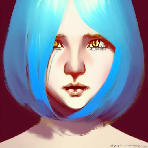 Image similar to a girl with long sky blue hair, gold eyes, amber eyes, boyish face, professional digital painting, wild brush strokes, concept art, award - winning photography, cinematic, wlop, color block, pop, hip, art by andy warhol, pixiv art, yoshitaka amano