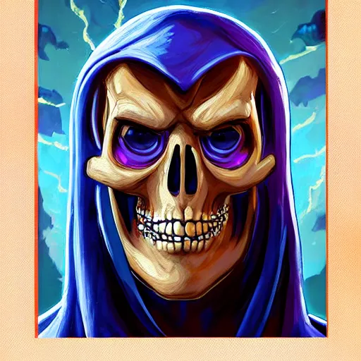 Image similar to avatar painting of skeletor, dnd beyond avatar portraits, beautiful, artistic, elegant, lens flare, magical, nature, realism, stylized, art by jeff easley and genndy tartakovsky