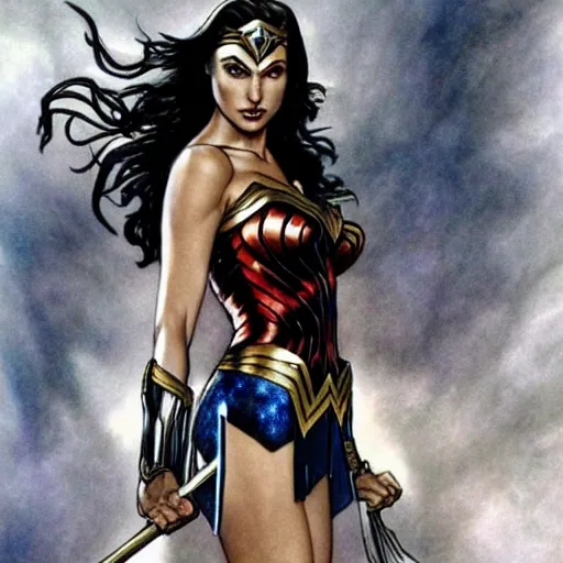 Image similar to Gal Gadot as Wonder Woman, full body illustration by Luis Royo