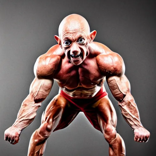 Image similar to bodybuilder gollum, 4 k, high detail, high - resolution photograph, professional photography, ultra - detail