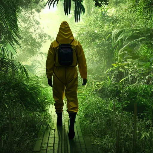 Image similar to a man wearing a hazmat suit, walking through a lush jungle, realistic octane render, ray traced, god rays, extremely high detail