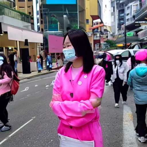 Image similar to taiwanese young woman wears pink medical mask, in the streets