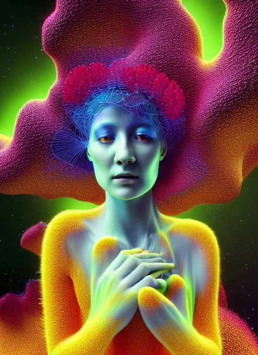 Image similar to hyper detailed 3d render like a Oil painting - Aurora (Singer) seen Eating of the Strangling network of yellowcake aerochrome and milky Fruit and Her delicate Hands hold of gossamer polyp blossoms bring iridescent fungal flowers whose spores black the foolish stars by Jacek Yerka, Mariusz Lewandowski, Houdini algorithmic generative render, Abstract brush strokes, Masterpiece, Edward Hopper and James Gilleard, Zdzislaw Beksinski, Mark Ryden, Wolfgang Lettl, hints of Yayoi Kasuma, octane render, 8k