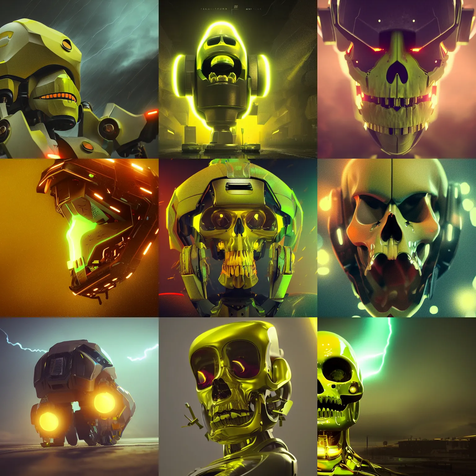 Prompt: Beautiful digital art of a lime coloured skull shaped destroyer robot looking at the camera, 4K Ultra HD, dramatic lightning, trending on artstation, high detail, Octane render