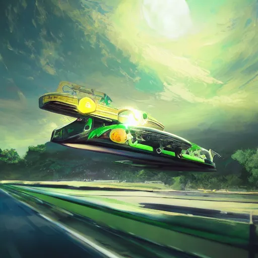 Image similar to solarpunk hovercar, clean energy, green technology, highway, sunny day, atmosphere, futurism, intricate, engines, glow, highly detailed, drone wings, peaceful, utopia, bright, digital painting, artstation, concept art, smooth, sharp focus, epic landscape, art by akihiko yoshida and tim mcburnie and anato finnstark