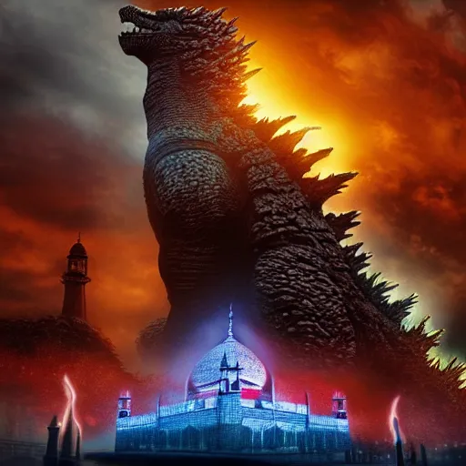 Image similar to godzilla near taj mahal, majestic, breathtaking, lightining in background, ultrafine hyperrealistic detailed illustration by kim jung gi, irakli nadar, intricate linework, sharp focus, bright colors, matte, film still from godzilla king of monsters, final fantasy, unreal engine highly rendered, 8 k, global illumination, radiant light, intricate environment