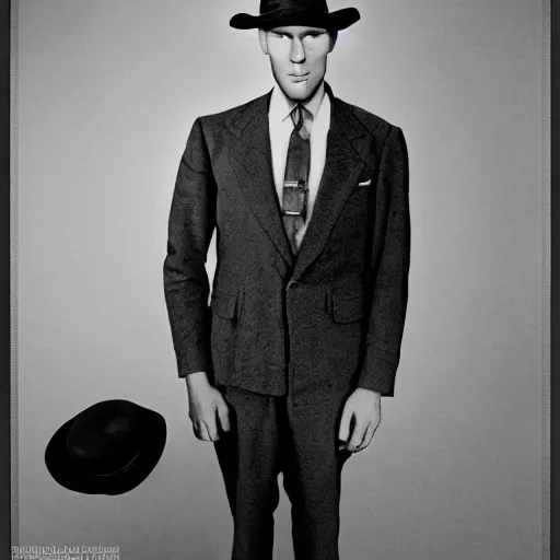 Image similar to A photograph portrait of Jerma985 wearing a suit with and fedora in the 1940s, taken in the early 1940s, grainy, taken on a 940s Kodak Camera, realistic, hyperrealistic, very realistic, highly detailed, very detailed, extremely detailed, detailed, digital art, trending on artstation