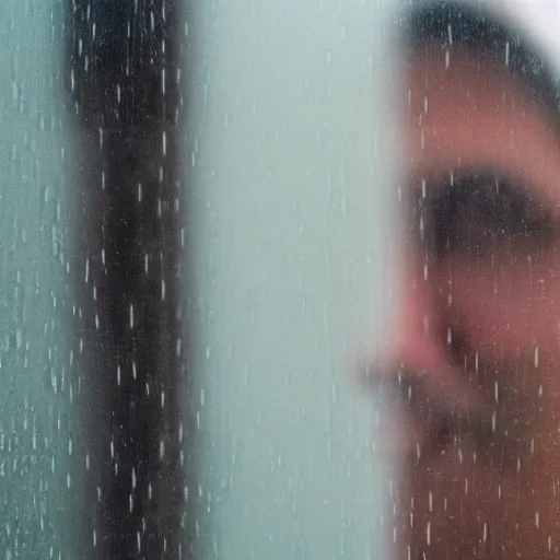 Prompt: diffuse portrait of person's face reflected in a window facing out on a rainy evening.