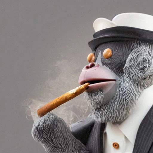 Image similar to a high detail closeup shot of a depressed monkey wearing a suit and smoking a cigar