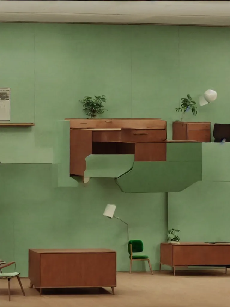 Image similar to a still of severance series ( 2 0 2 2 ) indoor 7 0 s green velvet and wood with metal furniture office scenario appearing in a film of jacques tati