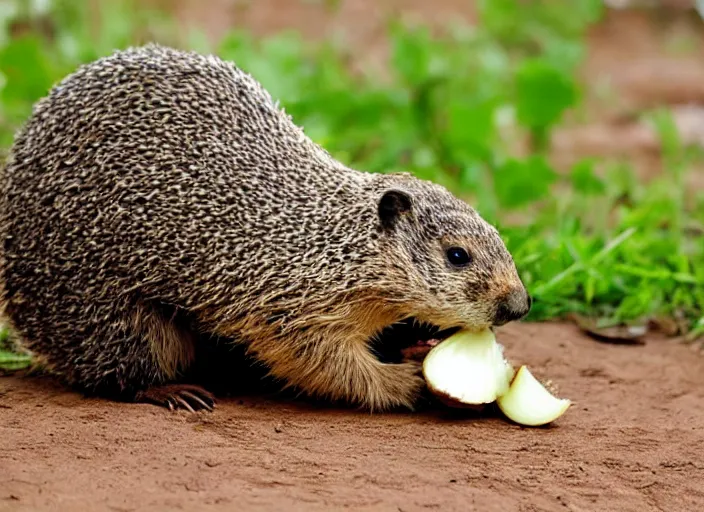Prompt: groundhog eating an onion