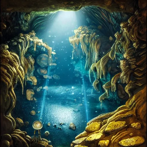 Prompt: adventurer archeologist, inside the wishing well cavern, piles of gold coins, refractive jewels, shallow water, gold refractions off water, moonlight beam from above illuminates cavern, reflective clean water on cavefloor, slick wet walls, soft glow fungi, small flowing stream from wall, lichen patches, gold dappled lighting, movie poster painting