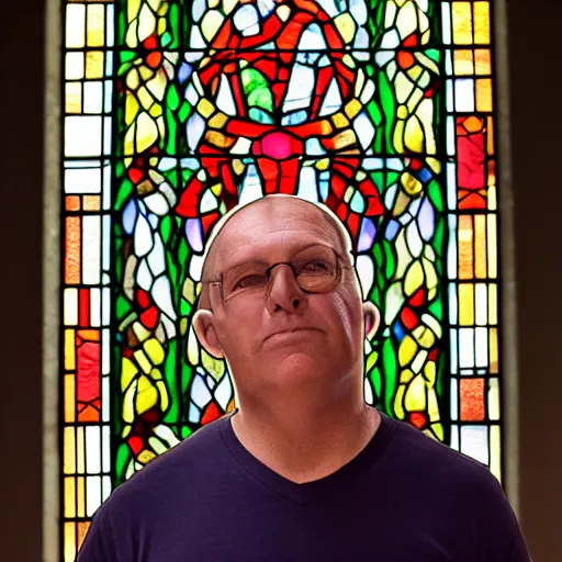 Prompt: a beautiful portrait of a middle aged man with stained glass behind him
