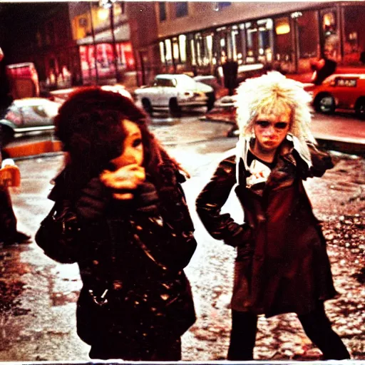 Image similar to night flash color portrait photography of punk kids on the lower east side by diane arbus, colorful!, nighttime!, raining!