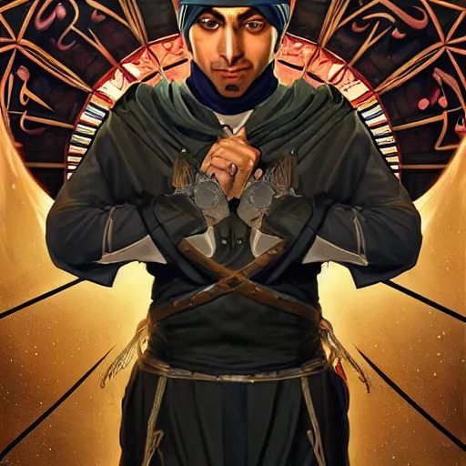 Image similar to character concept, wide angle, full body, symmetrical head - on centralized, young arabic man with dark ninja clothes. detailed, high quality, dynamic lightning, fantasy, scenematic. artwork by artgerm, wlop, alex ross, greg rutknowski, alphonse mucha