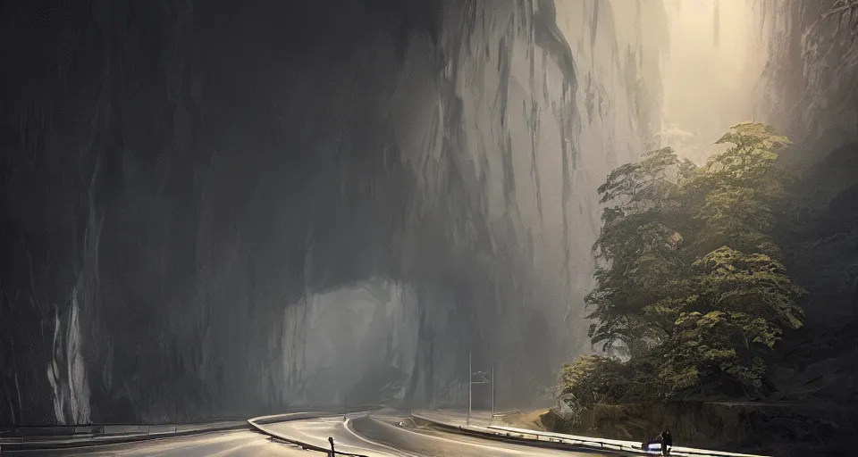 Prompt: a beautiful landscape painting, a single lane tunnel with a car driving away, in the shadows is a monster made from water, by sam guay, moody lighting, hyperrealism, 4 k, octane render