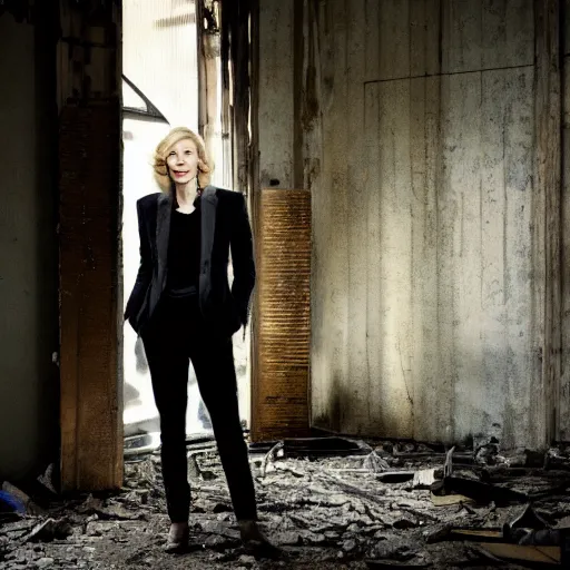 Image similar to photo of cate blanchett in an abandoned building, by Annie leibowitz, photorealisitc ,4k