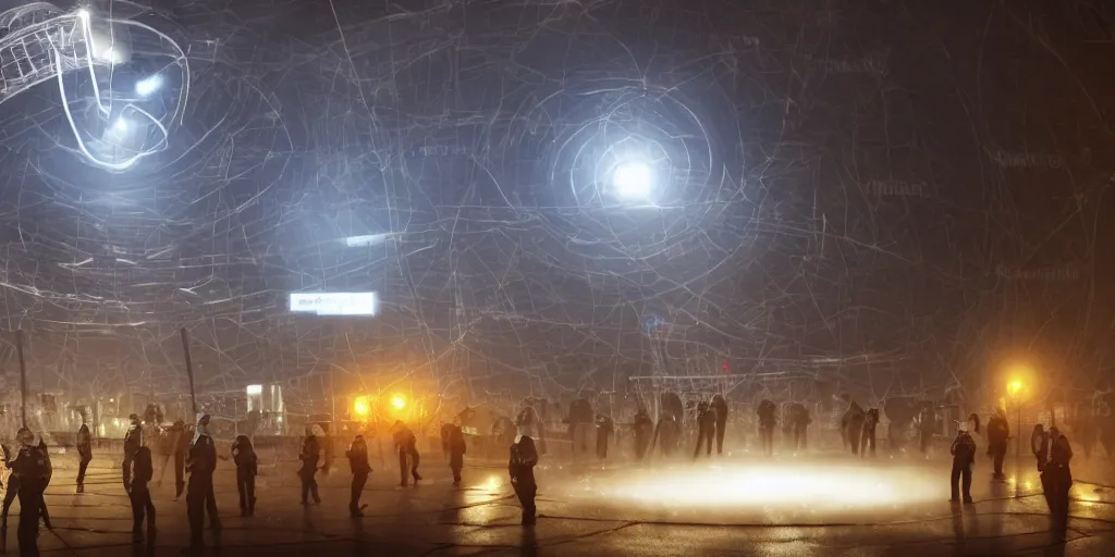 Image similar to policemen protecting a huge orange spiral - shaped bright white luminous attractor that is floating right in the center of the city from protesting people,, rain and light fog, professional lighting, concept art in 3 d, high detail, professional lighting, unreal engine