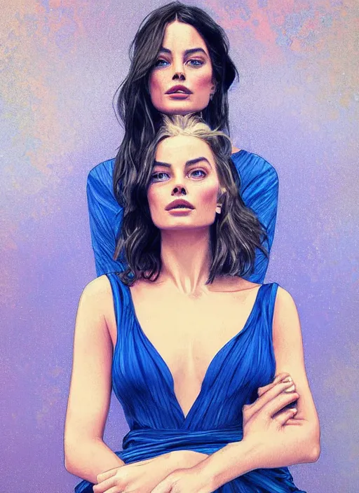 Image similar to margot robbie blue dress detailed clothing, half body shot, arms down, path traced, highly detailed, high quality, digital painting, alena aenami, lilia alvarado, shinji aramaki, karol bak, alphonse mucha, tom bagshaw