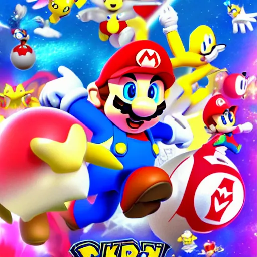 Image similar to super mario, kirby, sonic the hedgehog, super smash bros, star wars themed movie poster high detail accurate eyes and good gesture poses, pokemon anime cartoon style