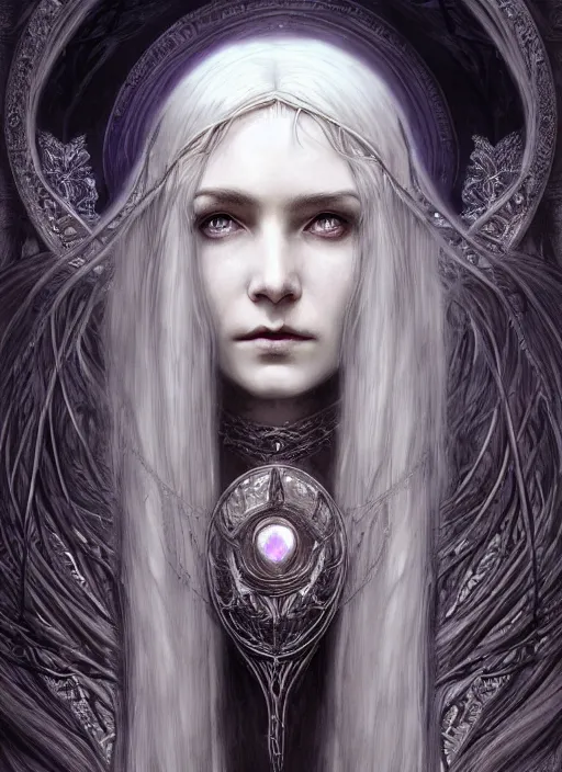 Image similar to immortal majestic elven sorceress wearing a cloak, long beautiful strands of pale white hair, engraving, concept art, elden ring, illustration, smooth, sharp focus, by gustave dore and greg rutkowski, hyper realistic face, piercing beautiful eyes, fantasy art, in the style of midjourney, intricate, alphonse mucha, hyper detailed