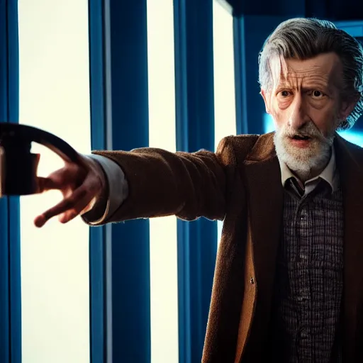 Image similar to tom holland as a rough dirty old man with a scruffy beard in a dark blue trenchcoat as the new doctor who, cinematic, volumetric lighting, f 8 aperture, cinematic eastman 5 3 8 4 film, photorealistic