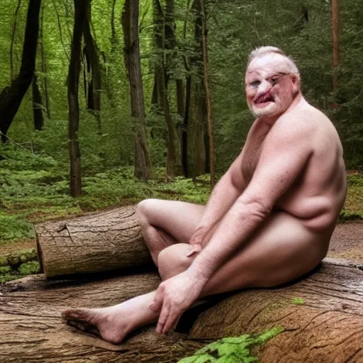 Prompt: herman van veen sitting on a log in the woods wearing only his underwear