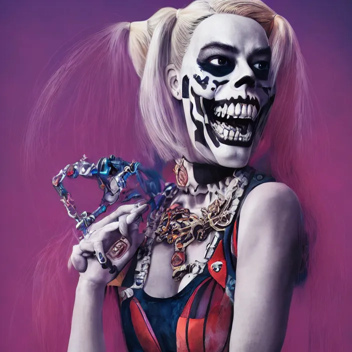 Prompt: portrait of a skeleton as Margot Robbie’s harley quinn. intricate abstract. intricate artwork. by Tooth Wu, wlop, beeple, dan mumford. octane render, trending on artstation, greg rutkowski very coherent symmetrical artwork. cinematic, hyper realism, high detail, octane render, 8k, iridescent accents