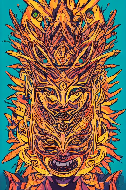 Image similar to animal mask totem roots flower tribal feather gemstone plant wood rock shaman vodoo video game vector cutout illustration vivid multicolor borderlands comics by josan gonzales and dan mumford radiating a glowing aura