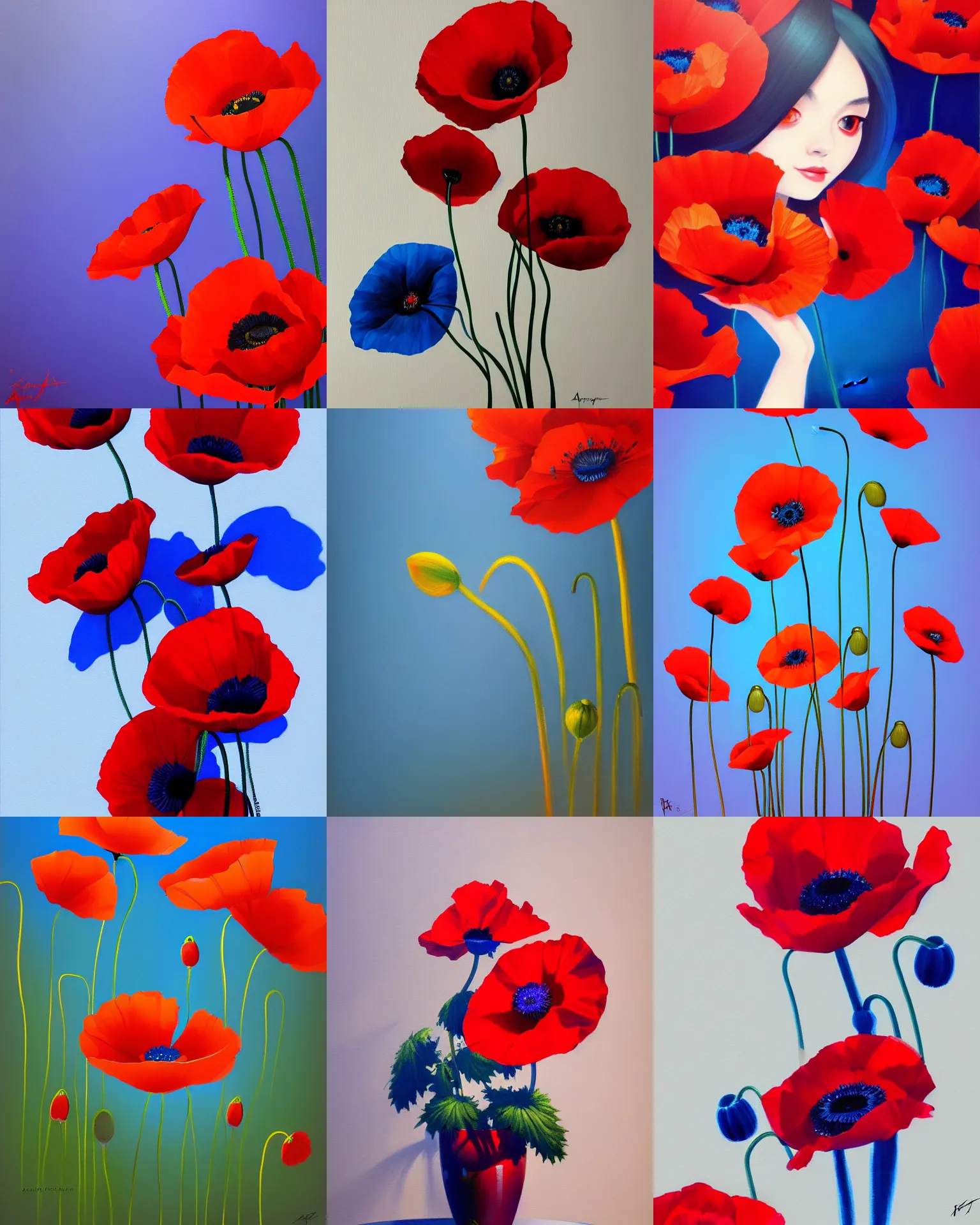 Image similar to poppy flowers painting by stanley artgerm, dramatic lighting, ilya kuvshinov, trending on artstation, flat colour, geometric curves, gradient filter, red and blue back light