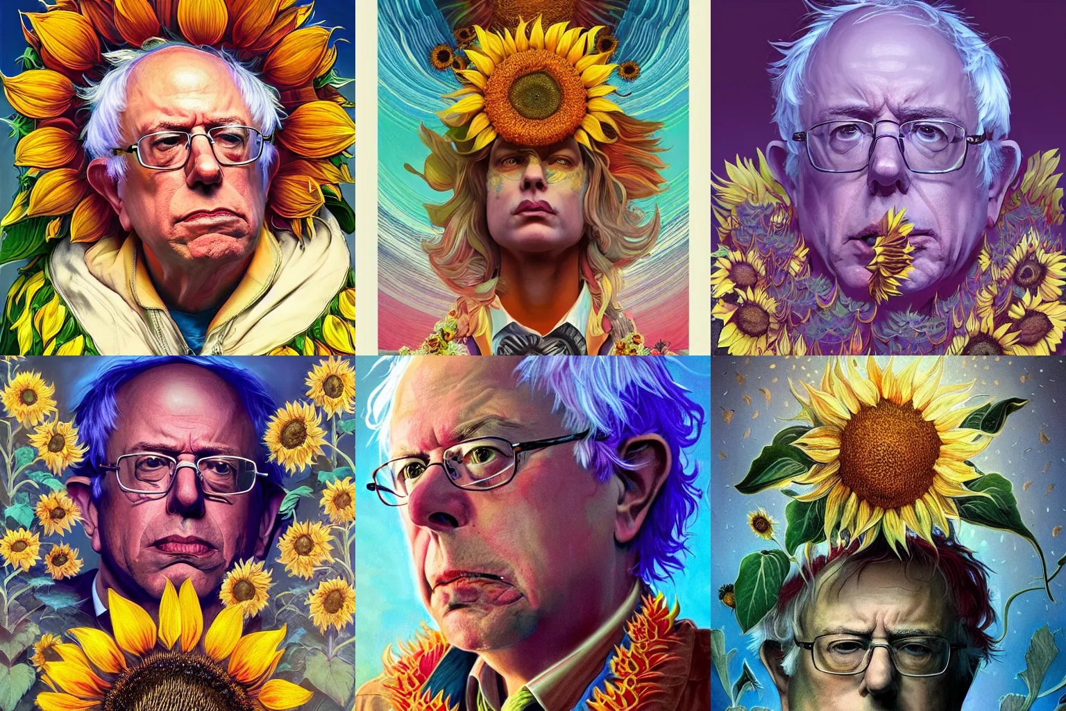 Prompt: Bernie sanders as the Sunflower queen, colorful, surreal, dramatic lighting, face, detailed, intricate, elegant, highly detailed, digital painting, artstation, concept art, smooth, sharp focus, illustration, art by Sam Spratt, Dan Mumford, Artem Demura and Alphonse Mucha