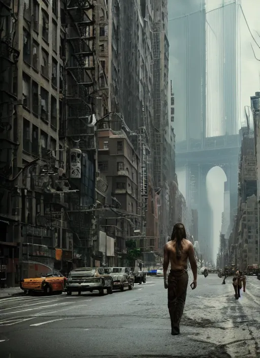 Image similar to film still, tarzan walk on the street of new york, post apocalyptic, symmetrical, 8 k, half body shot