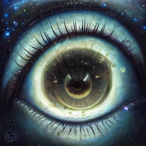 Image similar to low angle shot of a eye with the galaxy in the iris by clive barker, intricate, elegant, highly detailed, centered, digital painting, artstation, concept art, smooth, sharp focus, illustration, artgerm, Tomasz Alen Kopera, Peter Mohrbacher donato giancola, Joseph Christian Leyendecker, WLOP, Boris Vallejo.