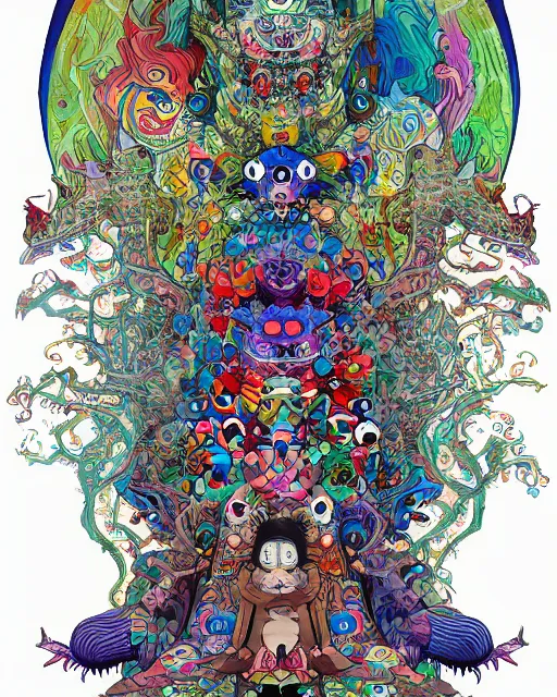 Prompt: bicameral humanoid mythical beast, fantastical, cute, and beautiful hybrid of different animals, a humorous psychedelic creature concept design by Moebius, Studio Ghibli, in the style of Takashi Murakami, symmetrical 4K