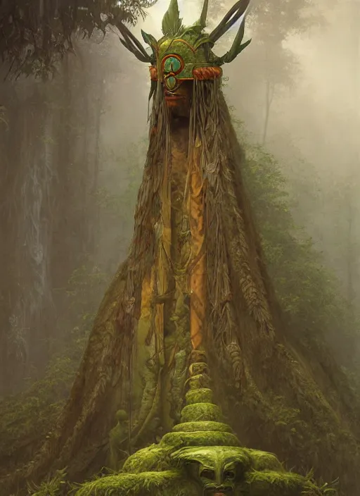 Image similar to a totem in the jungle surrounded by mist, swith faces of ancestors in the mask wearing tribal masks, hyper detailed, art by christophe vacher