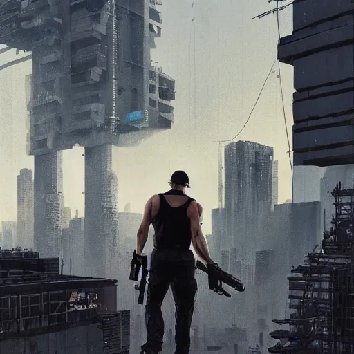 Image similar to A broad shouldered, muscular man wearing Acronym p-31 Ds pants and Sleeveless shirt and Nike Acronym presto sneakers, rooftop, sniper rifle stationed in background, Police sirens shining in far background, high quality, digital art, dirty cyberpunk city, rain, greg rutkowski