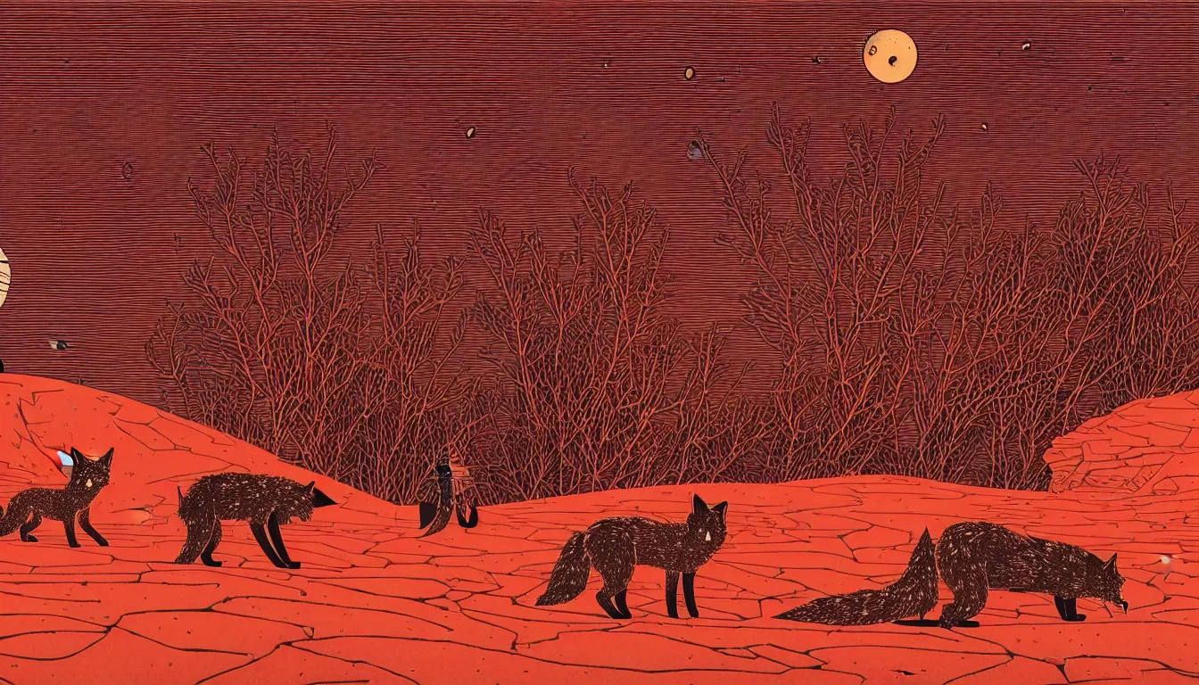 Image similar to a single fox and a robot rover standing on a red desert looking at the night sky by woodblock print, nicolas delort, moebius, victo ngai, josan gonzalez, kilian eng