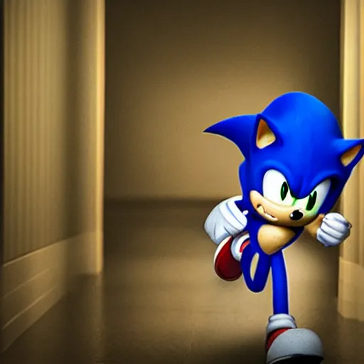 Image similar to sonic the hedgehog, creepy, horror, off - putting, dark, hallway, photo, paranormal