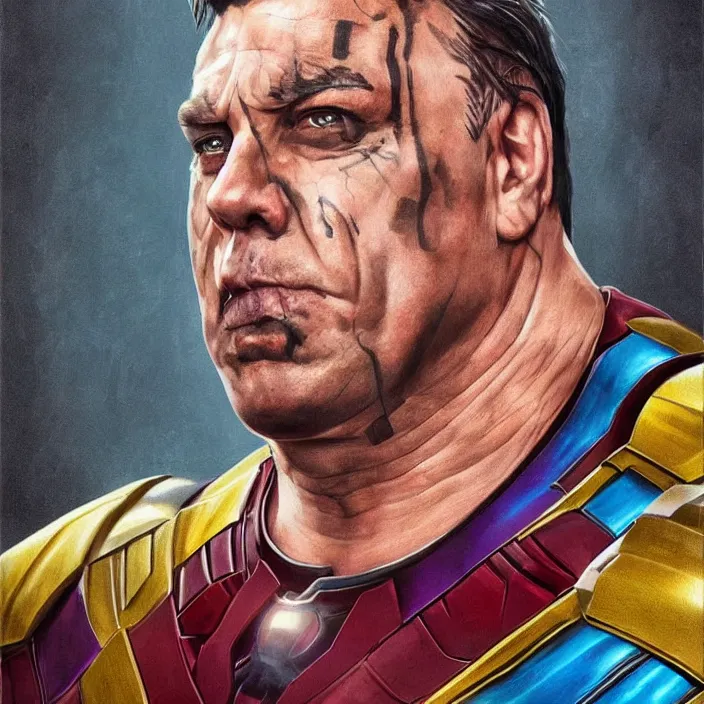 Prompt: portrait of till Lindemann, wearing The Infinity Gauntlet. Caricature artwork. trending on artstation, very coherent symmetrical artwork. avengers. thanos. cinematic, hyper realism, high detail, newspaper illustration, iridescent accents