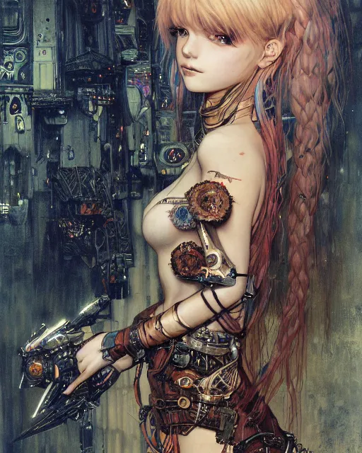 Image similar to portrait of cute beautiful young gothic maiden, cyberpunk, Warhammer, highly detailed, artstation, illustration, art by Gustav Klimt and Range Murata