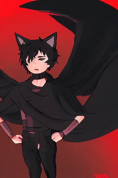 Image similar to little boy with cat ears in an big black outfit with red cape. digital artwork made by lois van baarle and kentaro miura, sharpness focus, inspired by hirohiko araki, anatomically correct, heroic composition, hero pose, smooth, noir