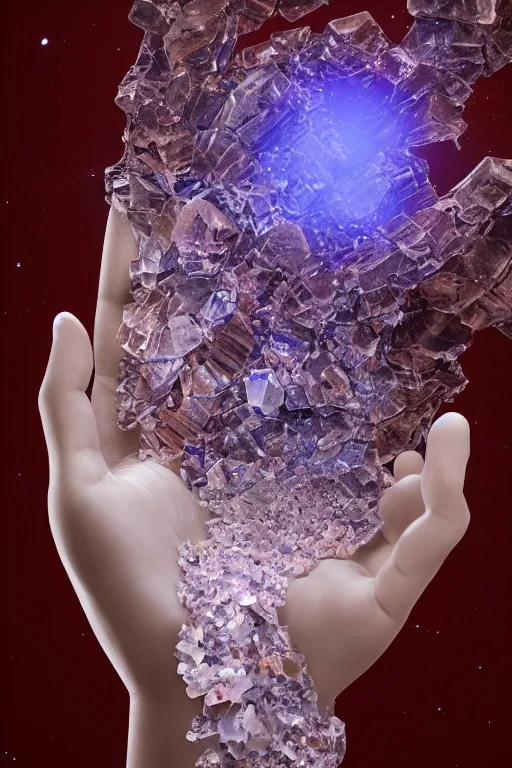 Prompt: a very beautiful crystalline hand carved from crystals and geodes, fractal, refraction, cinematic color grading, hyper - realism, elegant, detailed, octane render, 8 k