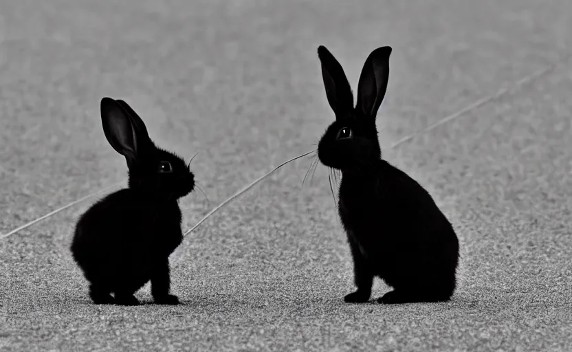 Prompt: a photo of a black bunny with white spots walking on a tightrope between the twin towers