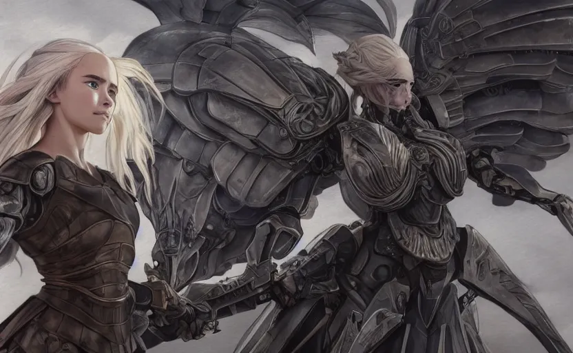 Image similar to mechanized valkyrie of daenerys targaryen from game of thrones, anime style, konami mecha, spread wings, hair down, symmetrical facial features, from arknights, hyper realistic, 4 k, rule of thirds, extreme detail, detailed drawing, trending artstation, hd, d & d, realistic lighting, by alphonse mucha, greg rutkowski