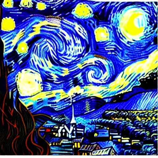 Image similar to Starry night vii poster but the black is white and the dark blue is light, deep detailed