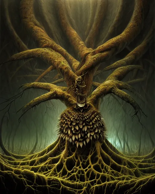 Prompt: an extremely detailed masterpiece surreal painting of a great horned owl ion tree limb, in the style of brian froud, brian despain, brian bolland, digital art, unreal engine, volumetric lighting, dark moody lighting, post apocalyptic, trending on artstation, photorealistic, epic scene, extremely moody lighting,