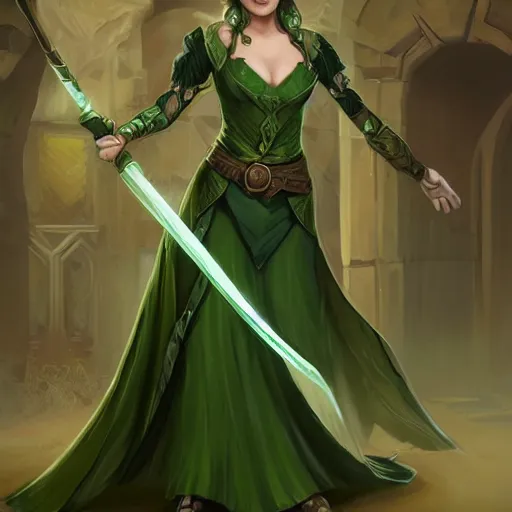 Image similar to a woman in a green dress standing holding a magic staff, a character portrait by Magali Villeneuve, featured on polycount, fantasy art, concept art, d&d, 2d game art