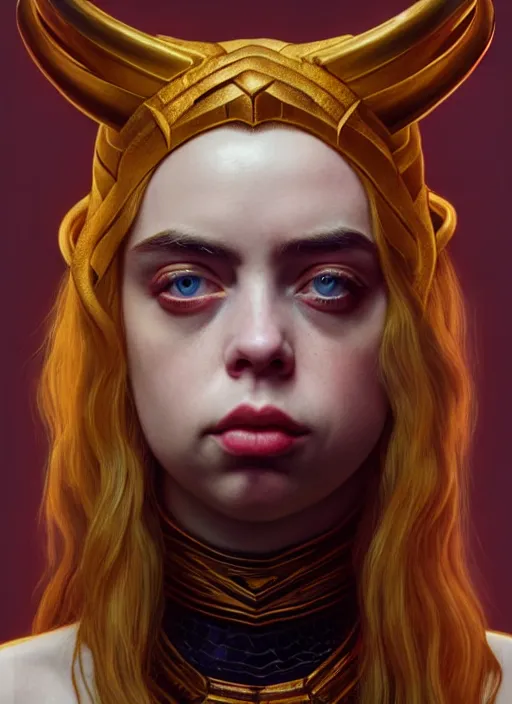 Prompt: met gala Billie Eilish as female loki by, hyper detail, hyper realistic, octane render, noir, gorgeous symmetrical face, elegant, intricate, studio lighting, by Greg rutkowski