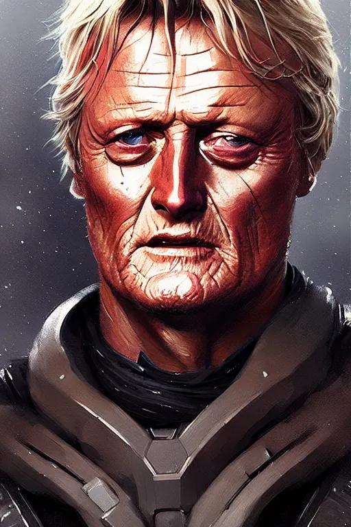 Image similar to star wars portrait of a rutger hauer by greg rutkowski, jacen solo, very sad and relucant expression, wearing a biomechanical suit, scifi, digital painting, artstation, concept art, smooth, artstation hq.