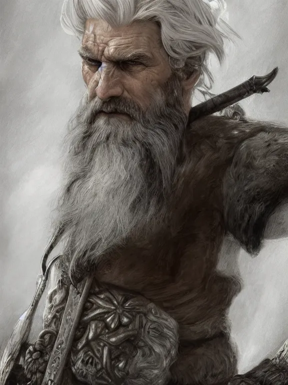 Image similar to painted portrait of rugged odin, god of war, norse god, white hair, masculine, mature, handsome, upper body, grey and silver, muscular, hairy torso, fantasy, intricate, muscular, elegant, hyper detailed, digital painting, artstation, concept art, smooth, sharp focus, illustration, art by gaston bussiere and alphonse mucha